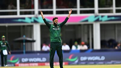 Pakistan's Imad Wasim celebrates after dismissing Ireland's Gareth Delany. AFP