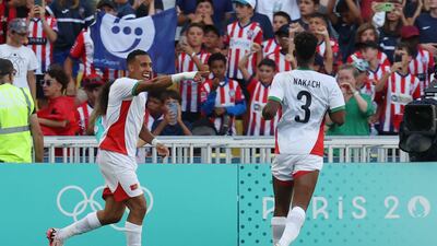 Morocco's Soufiane Rahimi celebrates scoring his team's fourth goal in the men's bronze medal match against Egypt during the Paris Olympics at the La Beaujoire Stadium in Nantes. AFP