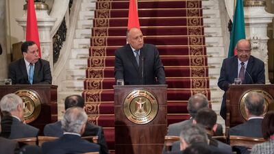Algerian Foreign Minister Abdelkader Messahel, right, speaks during a joint press conference with his counterparts Egypt's Sameh Shukri, centre, and Tunisia's Khemaies Jhinaou at Tahrir Palace in the Egyptian capital Cairo. AFP