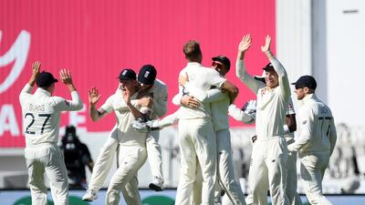 England players celebrate the wicket of Steve Smith. Getty