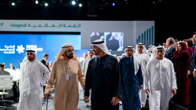 Sheikh Mohamed and Sheikh Mohammed bin Rashid depart after the opening ceremony. Hamad Al Kaabi / UAE Presidential Court