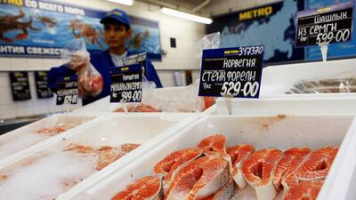 Seafood on sale at a Metro Cash and Carry store in Moscow. Russian authorities say they are confident the supermarket shelves will not be left empty – they are searching for alternative suppliers in South America, Turkey and China. Maxim Shemetov / Reuters