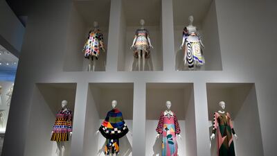 Designs by Lagerfeld are displayed at the Metropolitan Museum of Art's Costume Institute exhibition