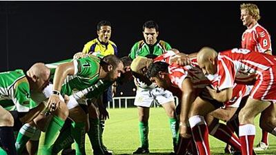 Riyadh, left, and Toa Dubai pack down for a one-sided scrummaging battle on Thursday night.