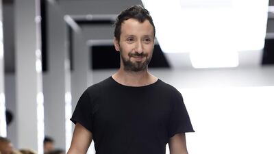 New Saint Laurent creative director Anthony Vaccarello appears on the runway at the Versus show during London Fashion Week Spring/Summer 2016. (Photo by Ian Gavan/Getty Images)