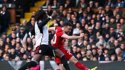 Liverpool's Diogo Jota scores their third goal in the 3-1 Premier League win against Fulham at Craven Cottage on April 21, 2024. Action Images
