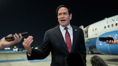 US Secretary of State Marco Rubio speaks to the media upon arrival at Al Bateen Executive Airport in Abu Dhabi. AFP