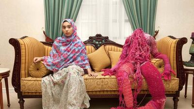 Sara Al Haddad the resident artist at Ductac in Dubai, poses for a portrait with the sculpture Self Portrait (yarn, cotton and pins). Jaime Puebla / The National