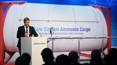 German Economy Minister Robert Habeck oversaw a symbolic first ammonia delivery from the UAE in Hamburg last month. Reuters