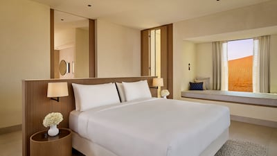 The master bedroom in the signature villa has a window seat and room for an extra bed or baby cot