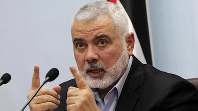 Hamas top leader Ismail Haniyeh speaks during a press conference at his office in Gaza City. Mohammed Saber / EPA