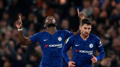 Chelsea's Michy Batshuayi, left, celebrates after scoring for Chelsea. Reuters