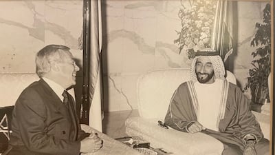 Sheikh Zayed, with Graham Burton, British ambassador to the UAE, in 1990. Photo: David Tatham