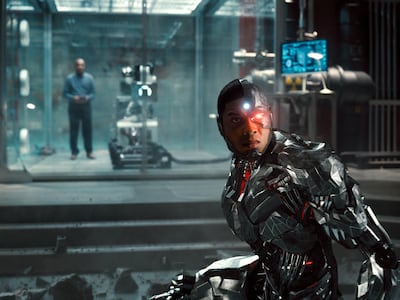 Ray Fisher as Cyborg, in a scene from 'Zack Snyder's Justice League'. HBO Max via AP