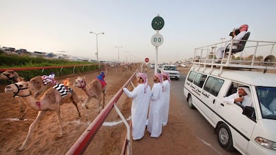 Judges, a commentator and a camera man, watch the finish line during an early morning camel race at RAK camel race track. Jaime Puebla / The National