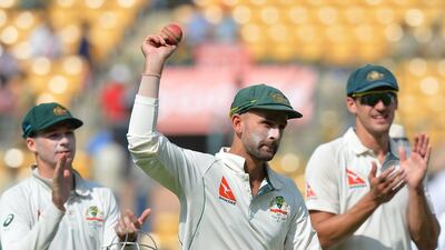 Nathan Lyon, centre, has taken more Indian wickets than any Australian bowler in history. Manjunath Kiran / AFP