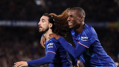 Marc Cucurella of Chelsea, left, celebrates scoring his team's first goal with teammate Nicolas Jackson. Getty Images