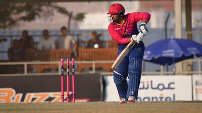 Alishan Sharafu bats for UAE during the T20 World Cup Qualifier in Muscat. Courtesy ICC