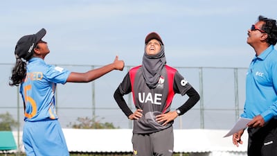 Humaira Tasneem, the UAE captain, centre, with her Malaysian counterpart before their World Twenty20 Asian Qualifier in Thailand. The UAE won the match by 34 runs and are guaranteed to progress to the next phase of qualifying in the Netherlands in June 2018. Courtesy ICC