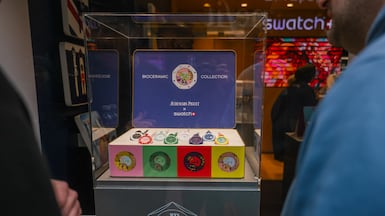 The new range of Swatch Royal Pop watches was due to go on sale at Dubai Mall on Saturday. Bloomberg