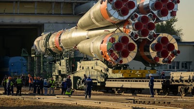 The Soyuz rocket being rolled out to the launch pad in Kazakhstan on September 12, 2023. Photo: Nasa / AFP