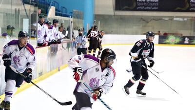 Al Ain Theebs, pictured against Abu Dhabi Scorpions, maintained their unbeaten start to the season with a win against Dubai Mighty Camels. Courtesy Emirates Hockey League