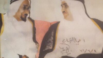 There is a photo out there for every occasion and now everyone can see them as they get shared online. Here Mohammed Ali bin Kamil Al Shamsi is pictured with Sheikh Khalid Al Qassimi taken in 1971. Courtesy Noor Salim Al Midfa