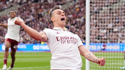 Leandro Trossard celebrates scoring the only goal of the game in Arsenal's Premier League win over West Ham United at London Stadium. PA