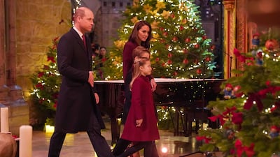 Prince William and Kate arrive with Princess Charlotte and Prince George at Westminster Abbey. Getty