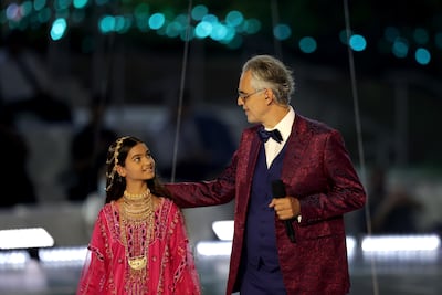 Italian singer Andrea Bocelli performs during the Expo 2020 Dubai opening ceremony. Photo: Mahmoud Khaled / Expo 2020 Dubai