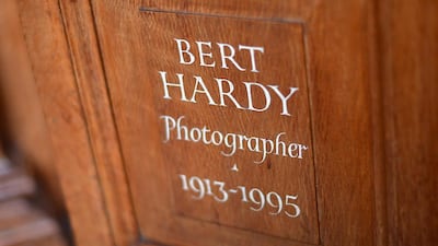 An engraving for the press photographer Bert Hardy is displayed inside St Bride's Church, the spiritual home of the media, in Fleet Street. With the advent of digital media, the newspapers and agencies have moved to more modern offices around London. (Photo by Carl Court/Getty Images)