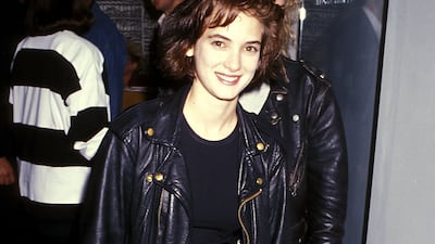 Winona Ryder in denim and leather at Damien Elwes' art exhibition at the CAZ Gallery in West Hollywood, California, on April 29, 1989. Getty