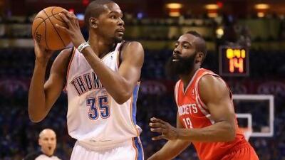 Kevin Durant of Oklahoma City Thunder is up against James Harden, whom Thunder gave up tot he Rockets. Christian Petersen / Getty Images