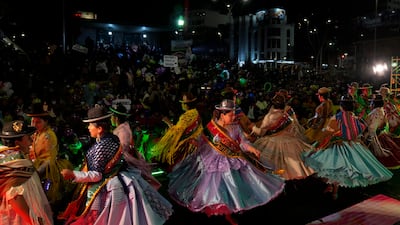 Contestants at the Miss Cholita Pacena beauty pageant for Aymara indigenous women, in La Paz, Bolivia. AP