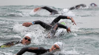 Competitors in the 25km open water swimming event during the LEN European Aquatics Championships at Lupa Lake in Budakalasz in Hungary on Sunday, May 16. AFP