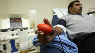 Ateith Kumar from India relaxes during the donation process, which takes less than 30 minutes, at Al Wasl hospital in Dubai. Pawan Singh / The National