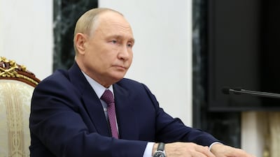 President Vladimir Putin at Russia's Security Council meeting on nuclear deterrence, at the Kremlin on September 25. AP