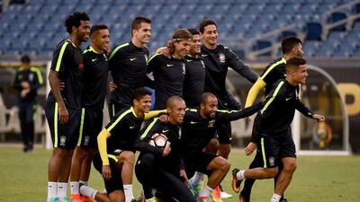 Brazil's players practice during training June 11, 2016 before their upcoming COPA America 2016 match against Peru at Gillette Stadium in Foxborough, Massachusetts. AFP / TIMOTHY A. CLARY