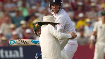 England's Stuart Broad, top, nicked a catch past Australia's wicketkeeper Brad Haddin, centre, on it's way to being taken by captain Michael Clarke only for it to be controversally given not out. Broad stood his ground and was criticised by the media and ???