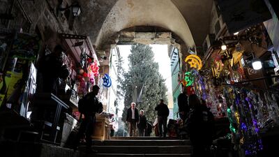 Ramadan decorations on display outside the Al Aqsa Mosque's courtyard. EPA