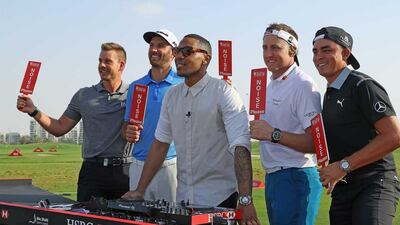From left: Henrik Stenson, Dustin Johnson, DJ Reggie Yates, Ian Poulter and Rickie Fowler. Courtesy Four Communications