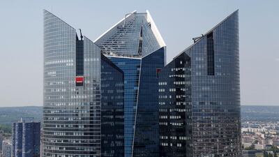 The logo of the French bank Societe Generale is seen on towers at La Defense business district in Puteaux near Paris. The bank's Middle East experts say GCC sovereigns must remain cautious. Charles Platiau/Reuters