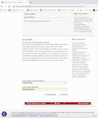 A screenshot from a tourist visa application to the US, applicants must now detail social media information.