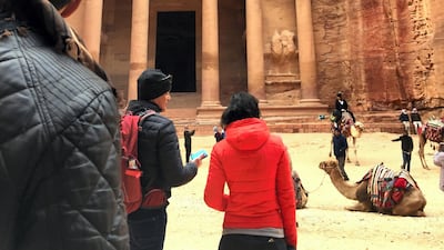 Mr M in front of the Treasury at Petra, Jordan. Courtesy Melinda Healy