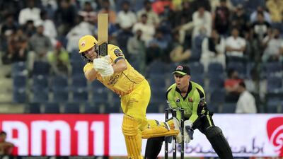 Luke Wright of Team Abu Dhabi playing a shot during the Abu Dhabi T10 Cricket match between Qalanders vs Team Abu Dhabi held at Sheikh Zayed Cricket Stadium in Abu Dhabi. Pawan Singh / The National