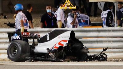 Haas driver Romain Grosjean's car split in half following a crash in Bahrain on Sunday. Reuters