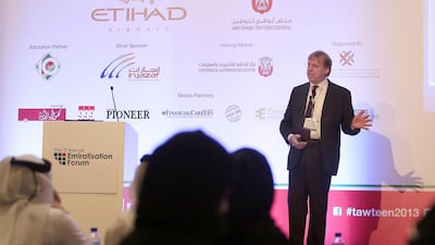 Prof William Scott-Jackson, chairman and director research, Oxford Strategic Consulting and Advisor to ASHRM, delivers his speech on the second of The 5th Annual Emiratisation Forum yesterday at Dusit Thani hotel in Abu Dhabi. Ravindranath K / The National