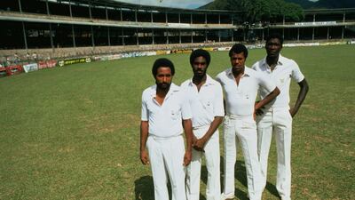 Andy Roberts, left, Michael Holding, second from left, and Joel Garner, right, were part of the great West Indian pace quartet and have been added to the Hall of Fame, Colin Croft, second from right, was the fourth bowler in the line-up. Adrian Murrell /???