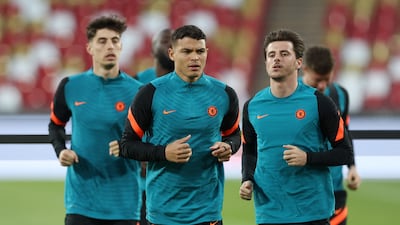 Chelsea's Thiago Silva and Mason Mount during training. Reuters