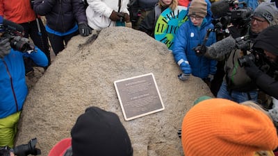 A monument is unveiled at the site of Okjokull, Iceland's first glacier lost to climate change in the west of Iceland. AFP